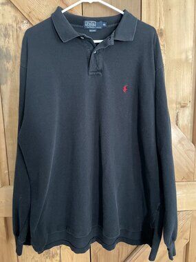 Vintage Polo Ralph Lauren Long Sleeve Rugby Shirt Black Red Pony 2XL Boxy Fit